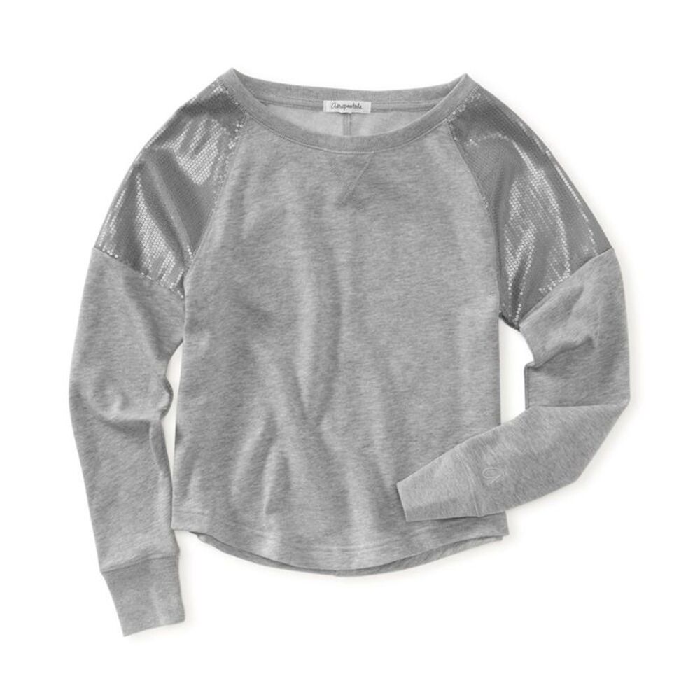 Aeropostale Womens Sequin Shoulder Panels Cropped Knit Sweater, Grey, Juniors...